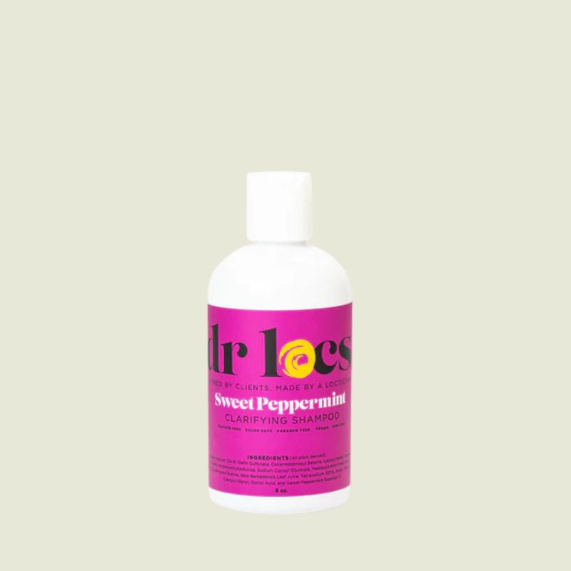 Dr Locs Sweet Peppermint Clarifying Shampoo bottle with pink label and white cap, 16 oz size — sulfate-free and color-safe shampoo for locs | L'ABC Des Locs
