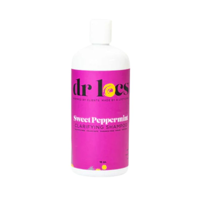 Dr Locs Sweet Peppermint Clarifying Shampoo bottle with pink label and white cap, 16 oz size — sulfate-free and color-safe shampoo for locs | L'ABC Des Locs